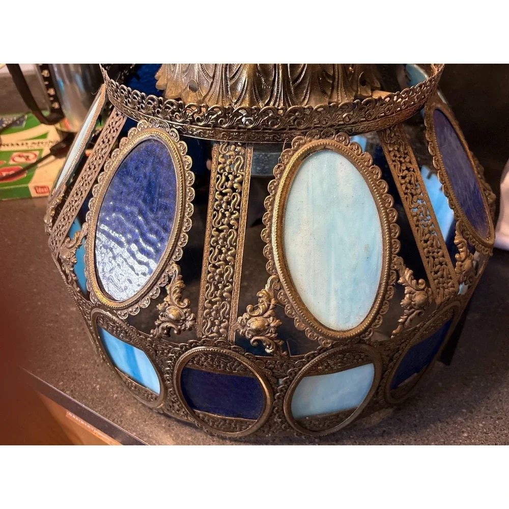 Vintage Moroccan Mediterranean Blue Slag Glass Hanging Pendant Light Chandelier